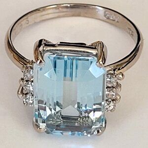 1950s Vintage 18K White Gold Aquamarine & Diamond Ring 5.30ct Size 7.5